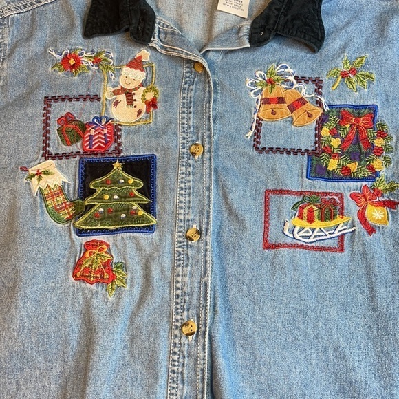 Bobbie Brooks Christmas Jean Shirt with Velvet Collar Size XL - Picture 2 of 9